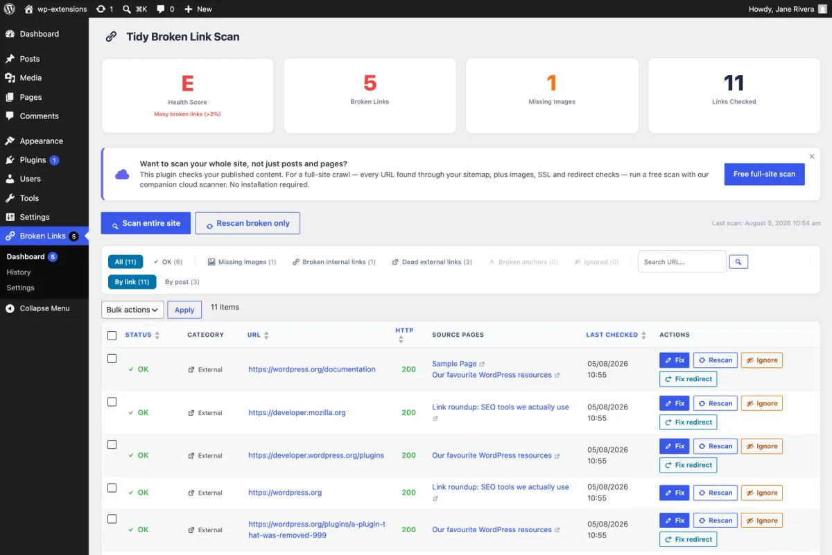 Tidy Broken Link Scan dashboard in WordPress with health score, broken links and missing images