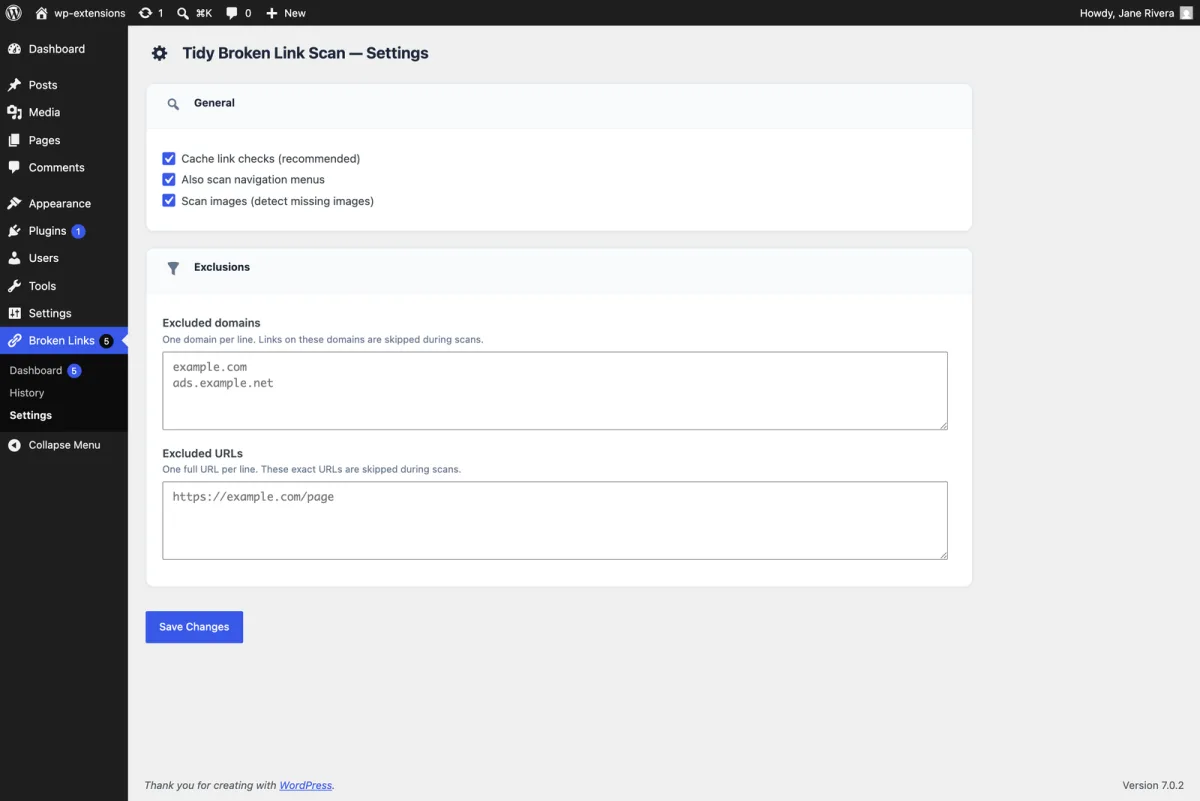 Plugin settings with cache, image and menu scanning, domain and URL exclusions